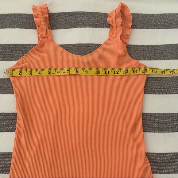 Pink MStyle Peachy orange ribbed tank top with ruffled shoulder straps. - Picture 7 of 12